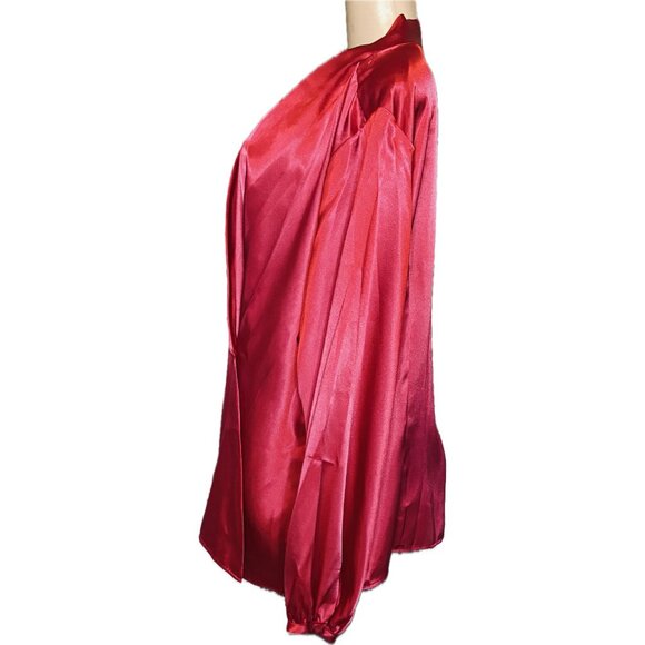 Calvin Klein +2X Solid Red Satin On Button Wrap V-Neckline Long Sleeve Blouse - Picture 5 of 6